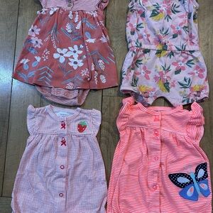 Bundle of 4 Carter's Pink and Red Floral Baby Girl Rompers and Sunsuits